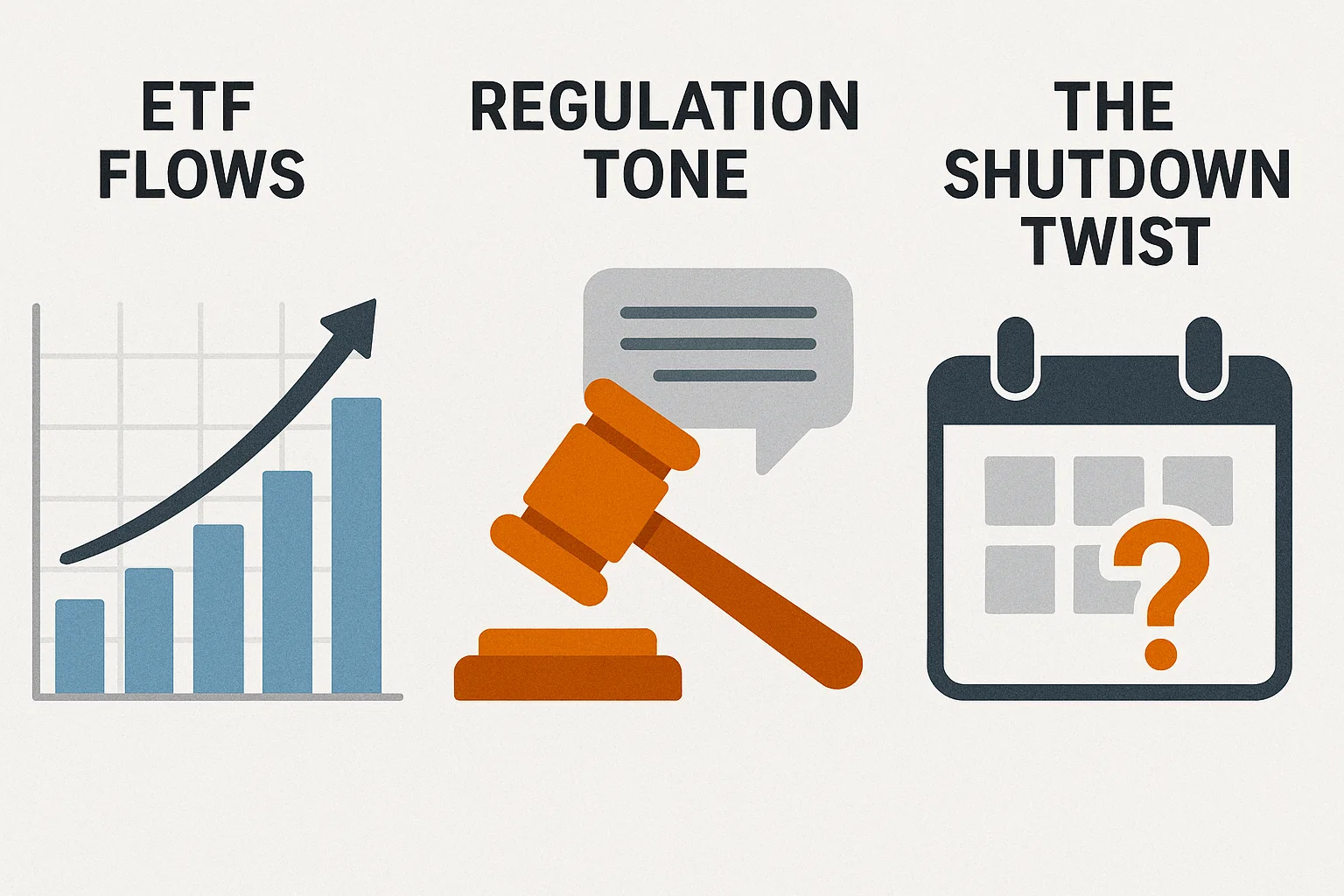 ETF flows, regulation tone, and the shutdown twist